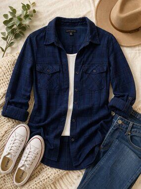 Silver Jeans Co Plaid Button Down Shirt Blue Cotton Flannel Medium